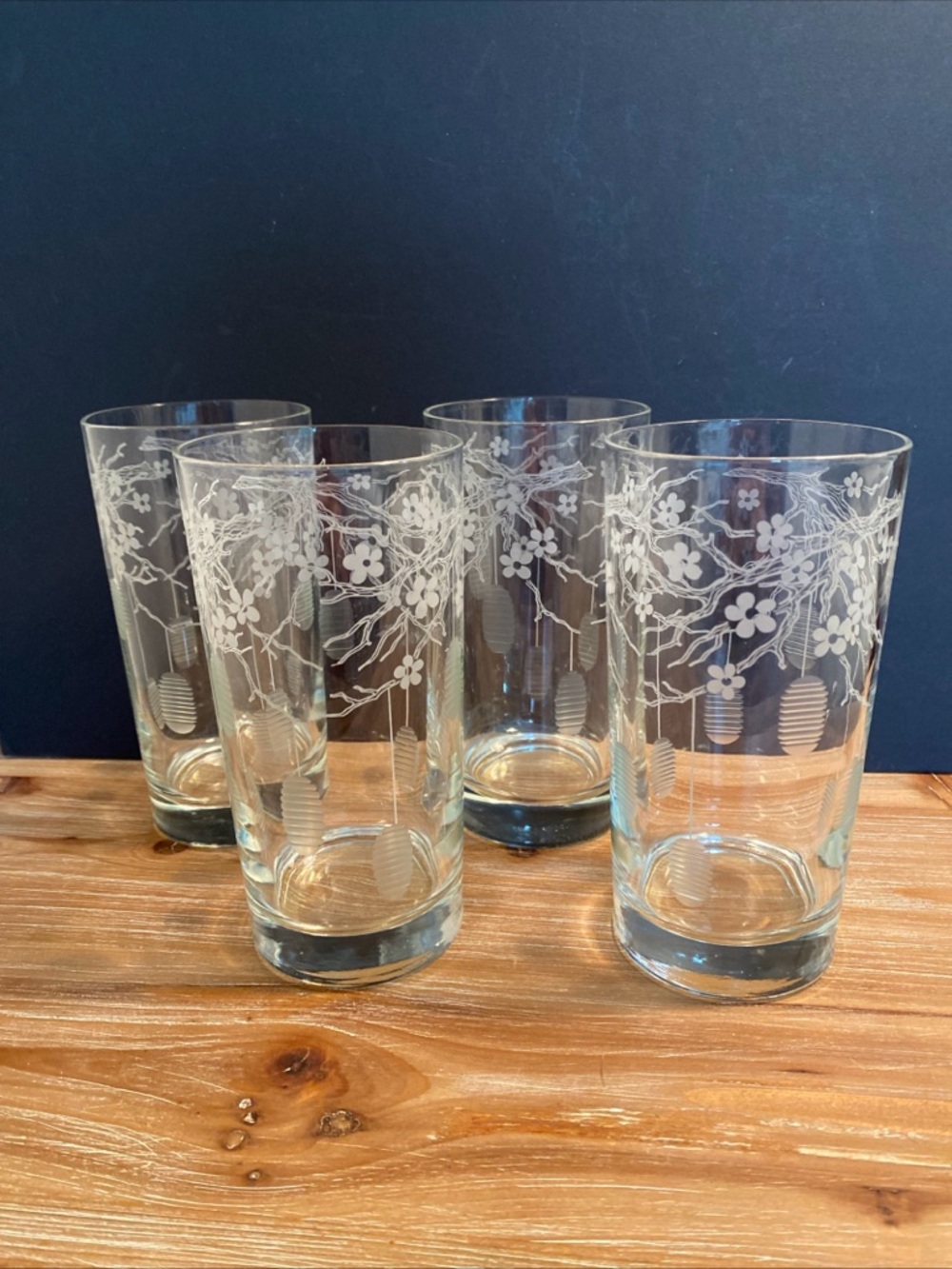 Vtg Etched Tall Glasses w/Cherry Blossoms & Paper Lanterns Summer Clear set of 4